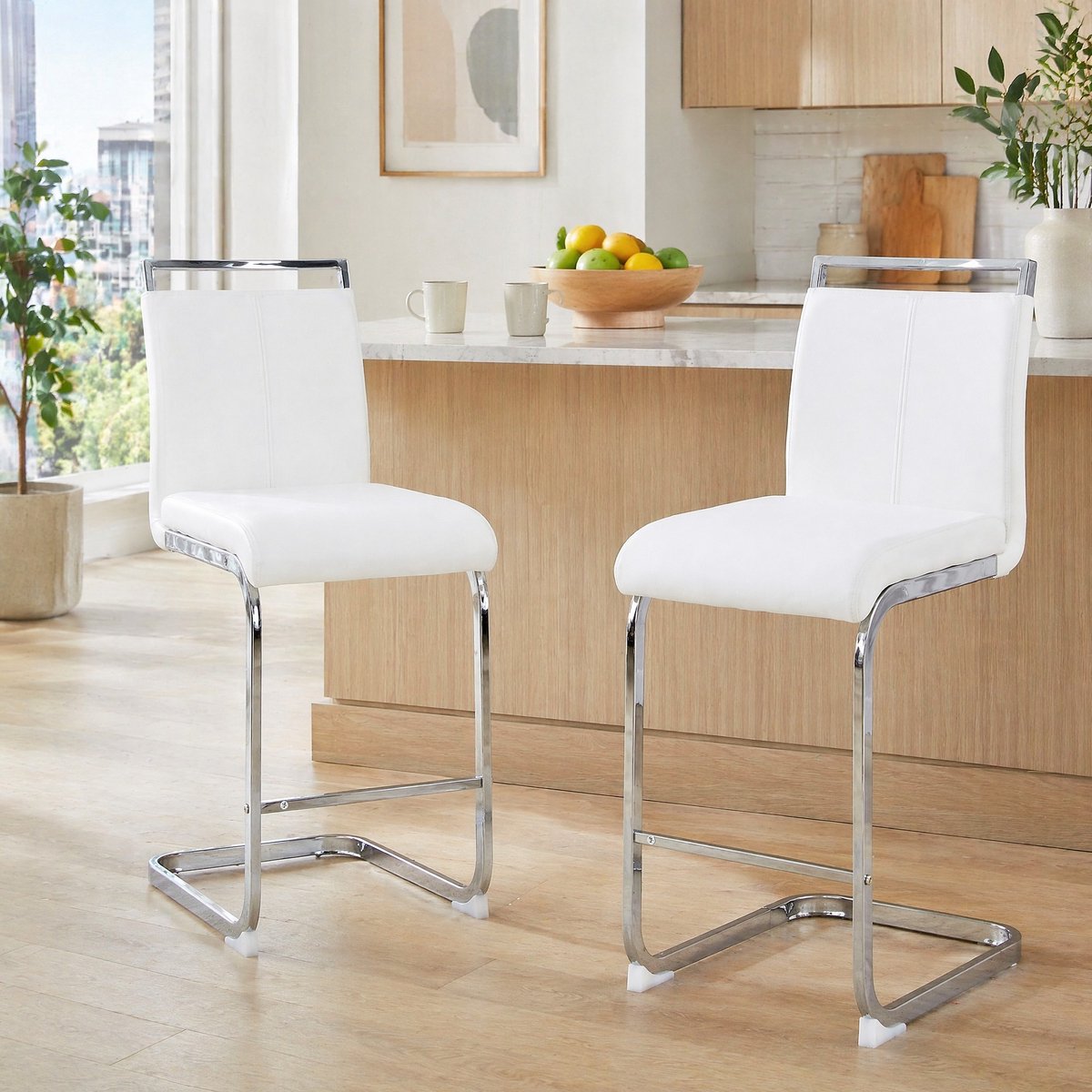 MEUNIQ barkruk set van 2 met rugleuning en voetsteun, kunstleren zitting met metalen onderstel, 96,5 cm hoog, wit en zilver, voor keuken en eetruimte White