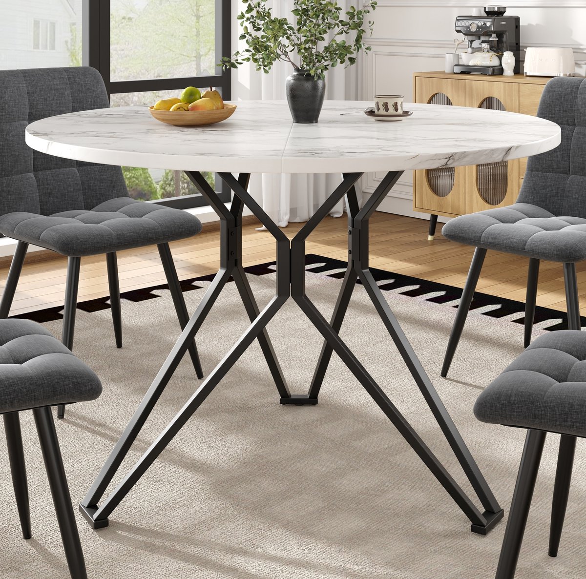 MEUNIQ ronde eettafel 100 cm met MDF tafelblad in marmerlook, zwarte metalen poten, X-vormige onderstelstructuur, voor eetkamer en woonkamer