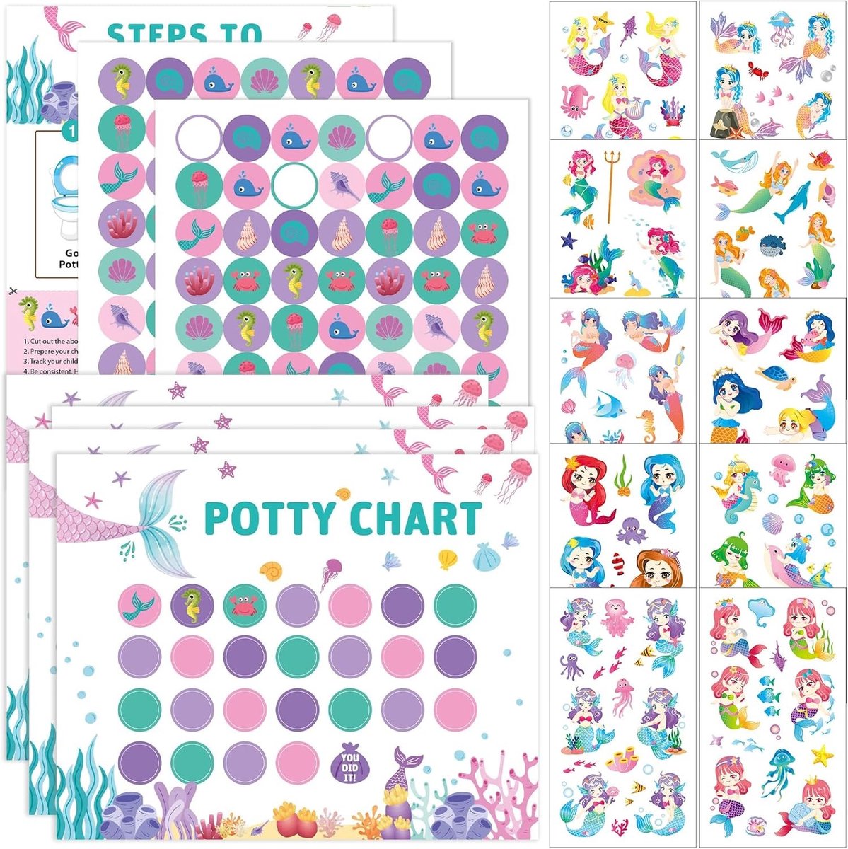 10 beloningskaarten voor zindelijkheidstraining met 280 stickers en 10 tattoo stickers voor kinderen, ideaal voor jongens en meisjes