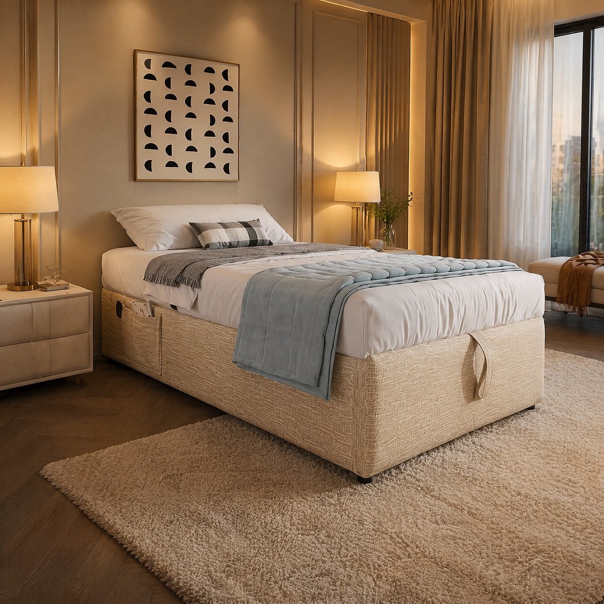 COVREO Bedframe 90x200 cm - beige stof, opbergruimte, zonder matras