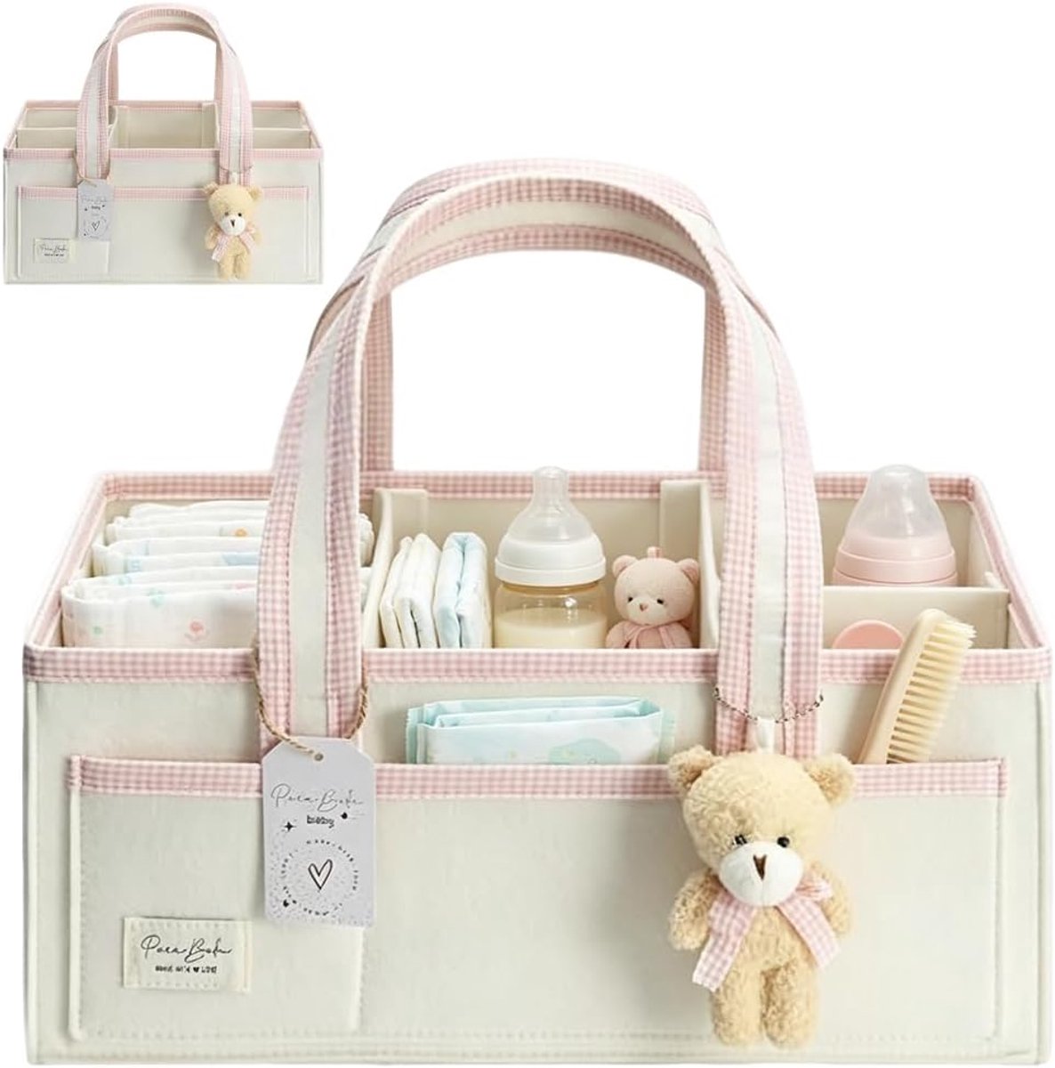SnelShoppen - Vilten Babyluiertas, Luiertafel Organizer, Opbergmand met Uitneembare Vakken, Duurzaam Vilt, Roze, Perfect voor Aankleedstation en Babyv
