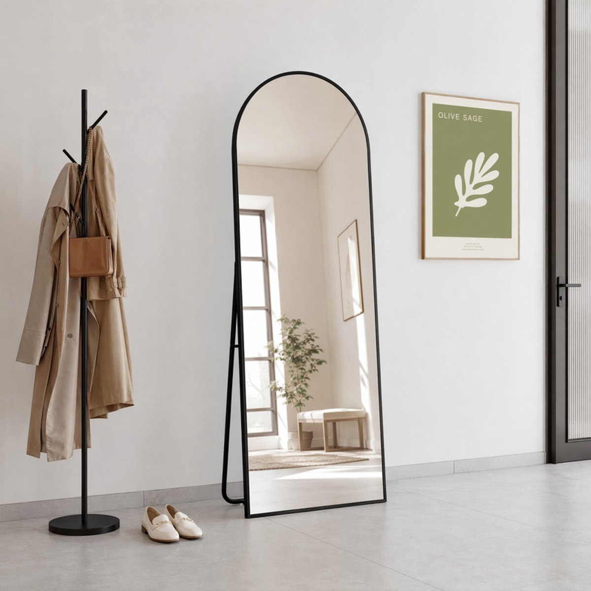 SHOPENTRA Boogspiegel 177x77 cm Zwart – Passpiegel met Aluminium Frame, Veiligheidsglas en Staand of Wandmontage