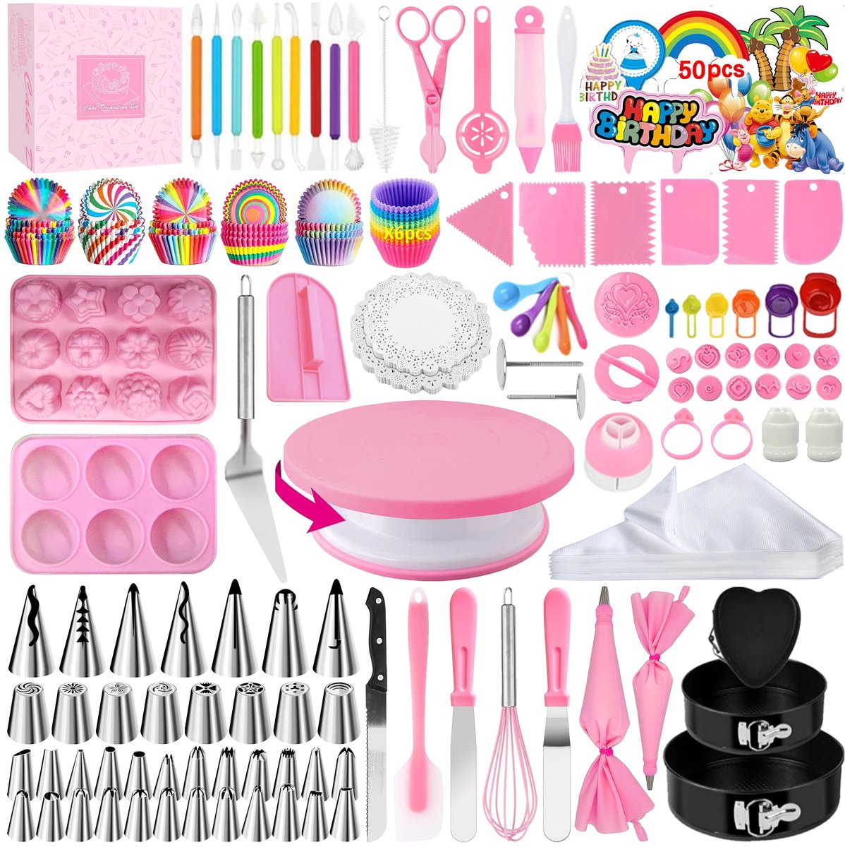 SnelShoppen - Draaibare Taartplaat met Spuitmondset en Bakset - 423 Stuks Taartaccessoires - Inclusief 3 Maten Springvormen - Perfect voor Feesten en