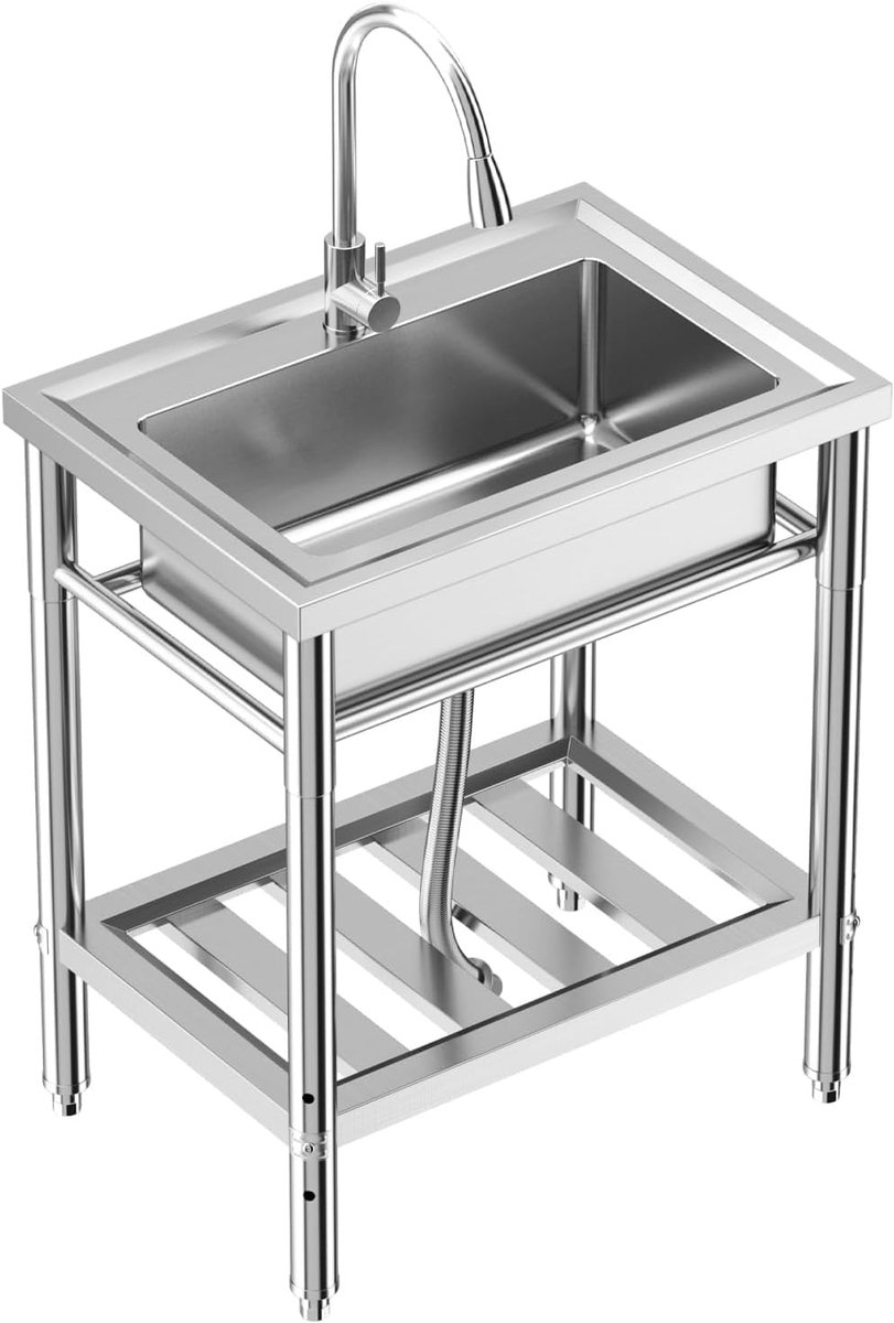 SnelShoppen - Keukenspoelbak Vrijstaand Roestvrij Stalen Wastafel Set met Kraan, Plank en Accessoires - Complete 70x50x86cm Set voor Keuken, Badkamer