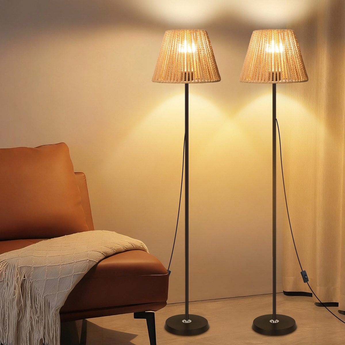 Oraymin Set van 2 Rotan Vloerlampen 140 cm – Staande Lampen met Gevlochten Kap – Voor Woonkamer en Slaapkamer – Zonder Lichtbron