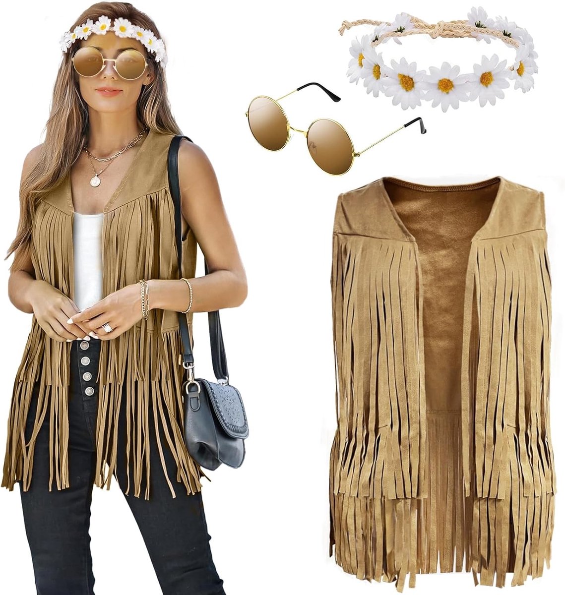 Fringe vest voor vrouwen, mouwloos hippie kostuum met brillen en hoofdband, perfect voor carnaval en 60s 70s themafeesten