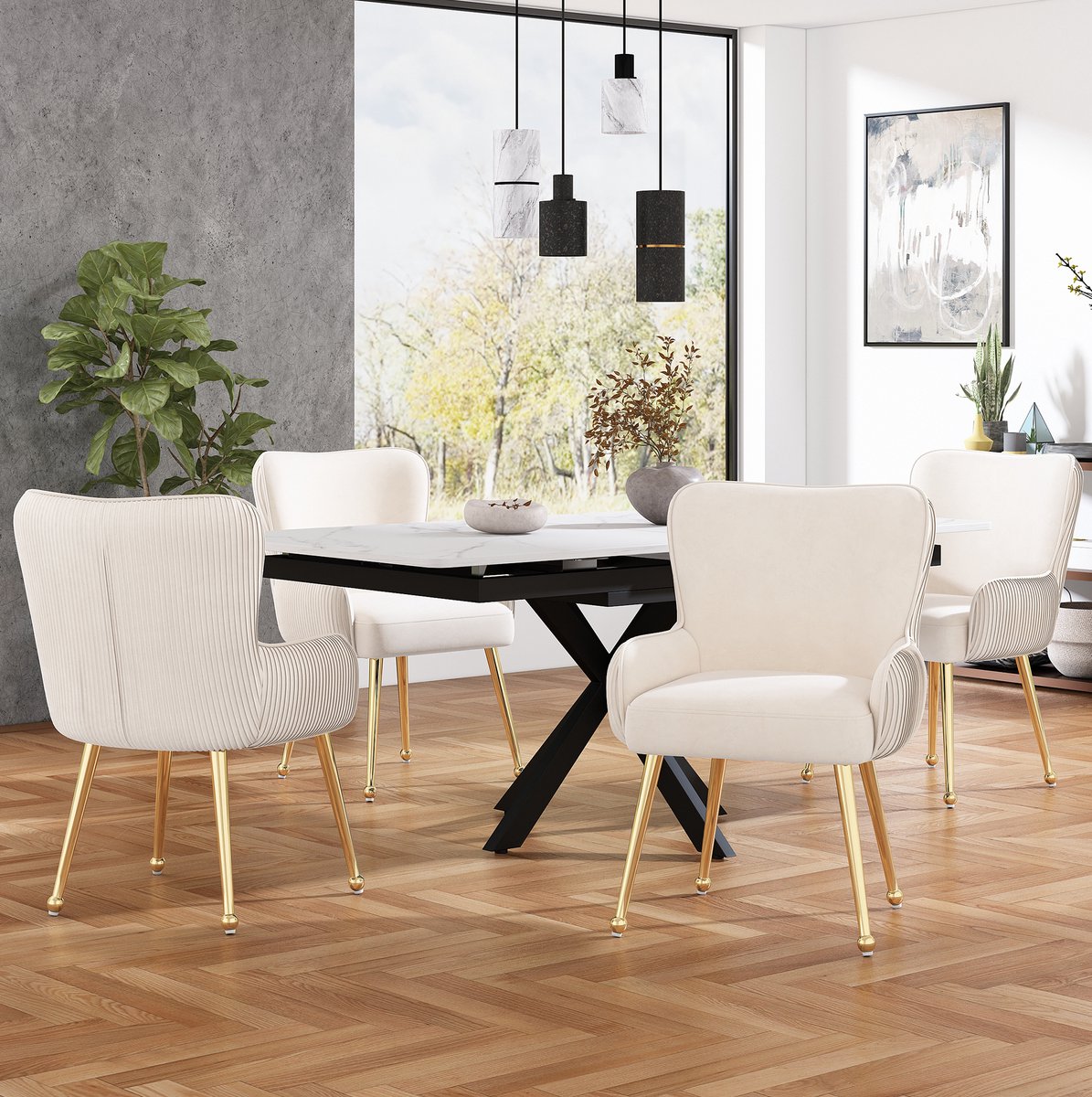 MEUNIQ 4-delige eetkamerstoel set van velvet met armleuningen, verstelbare voeten en goudkleurige metalen poten, beige voor eetkamer en woonkamer
