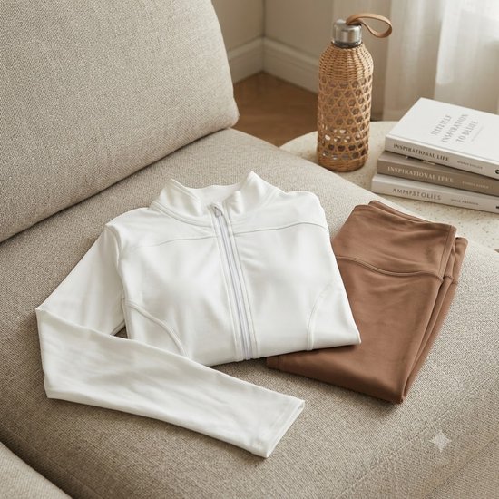 Witte sport jas dames slim fit volledige rits fitness jas yoga jas pilates trui hardloop jas met duim gaten hoge kraag aansluitend model lange mouwen euro maat M — afbeelding 3