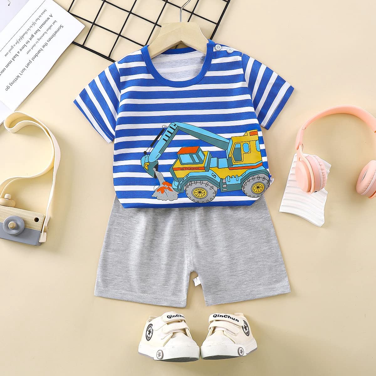 SnelShoppen - XM-Amigo 3-delige set baby jongens korte broek en T-shirt 100% katoen ademend met schouderknopen maten 73-130, 0-7 jaar, 3-9 maanden