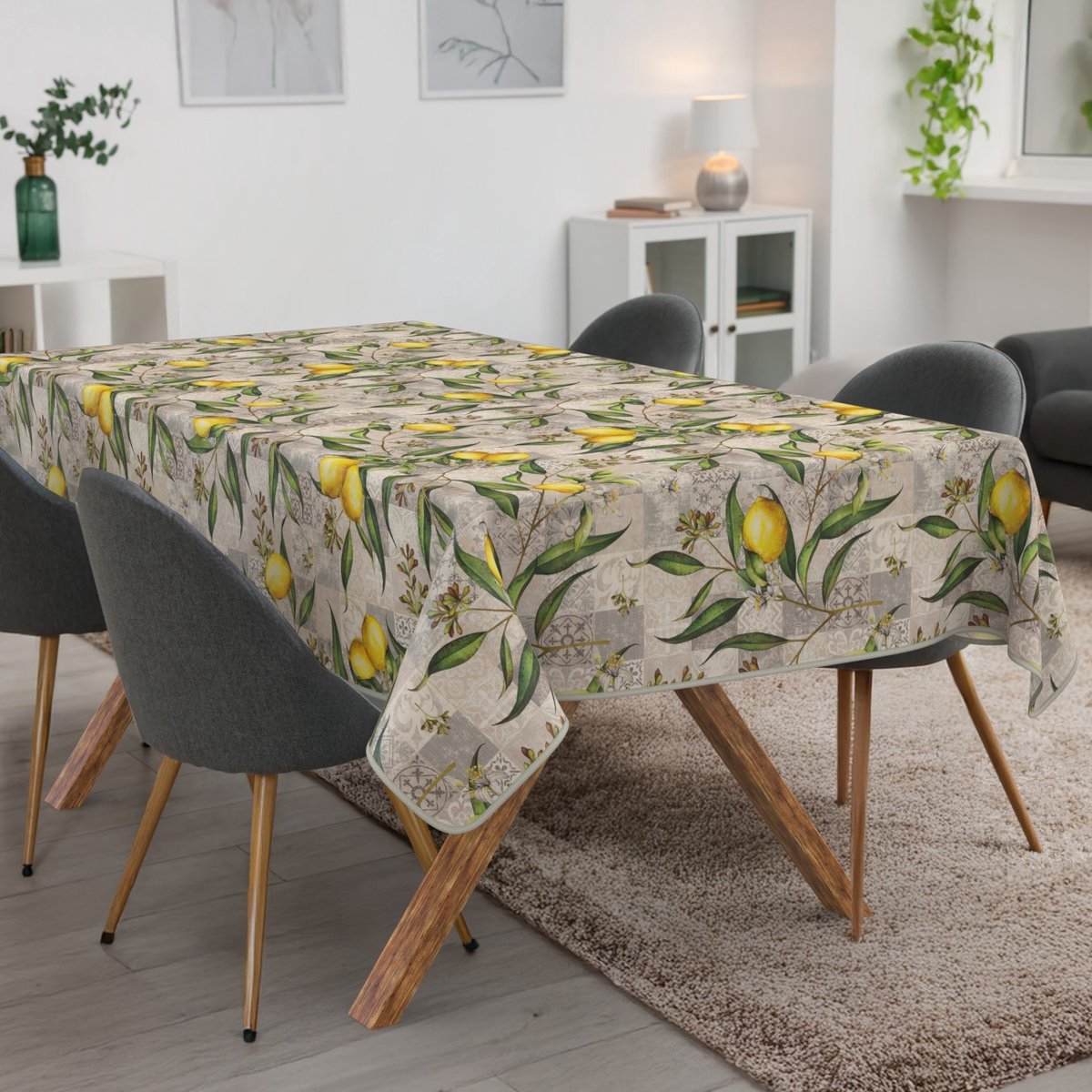 ANRO Tafelkleed Citroenen Grijs 180x140cm Met sierband Afwasbaar Waterafstotend Binnen & Buiten