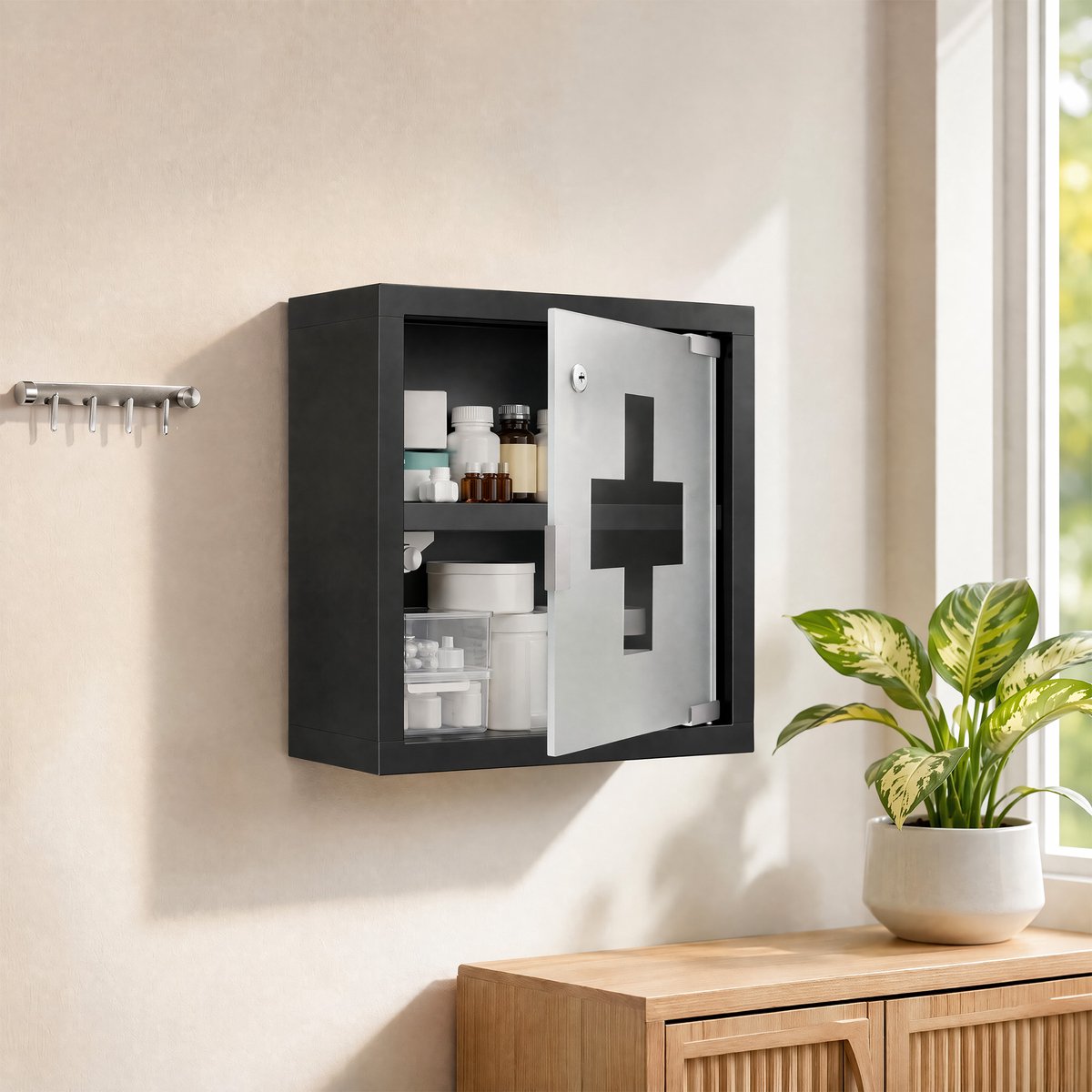 Medicijnkast 30x12x30cm RVS - Afsluitbaar met 2 Legplanken - Apothekerskast EHBO Kast voor Keuken/Badkamer of Thuis - Zwart - NAIZY