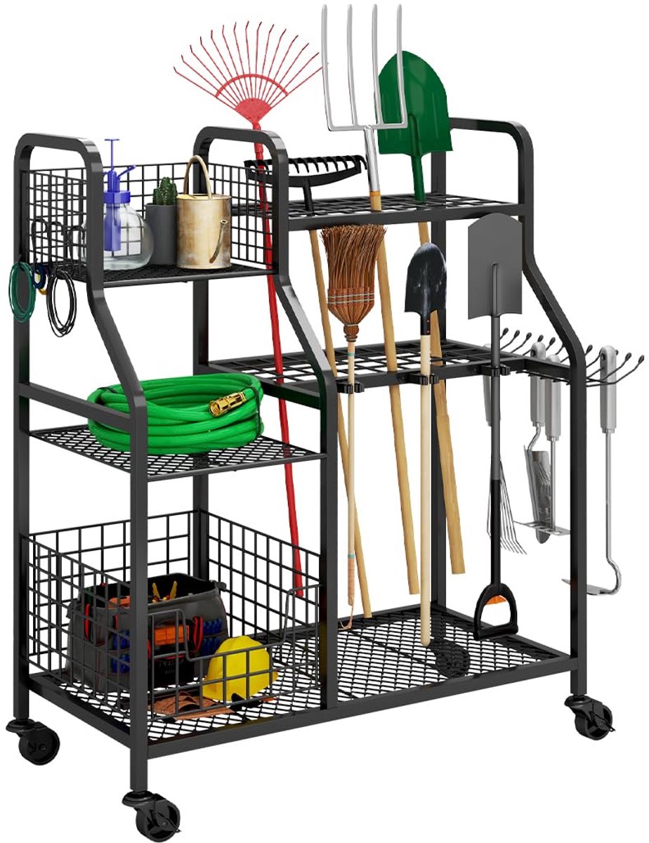 SnelShoppen - Tuingereedschapshouder met wielen, 3 etages, opbergen en organiseren, tuingereedschapsstandaard voor garage en tuin, praktisch en ruimte