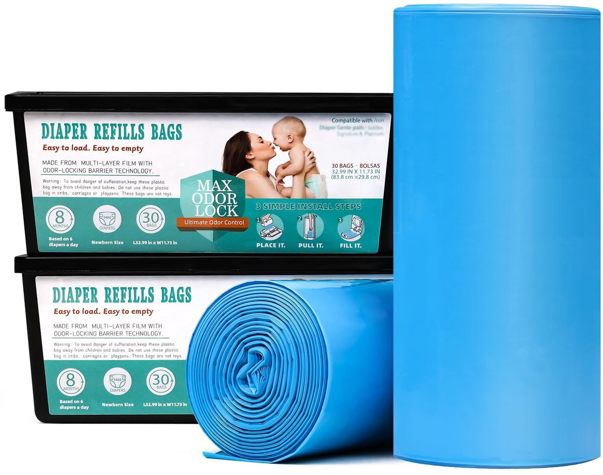 SnelShoppen - Luieremmer Navulcassettes 2 Stuks, Max Odor Lock Technologie, Lekvrij, 60 Zakjes voor Babykamer, Keuken en Badkamer, Blauw