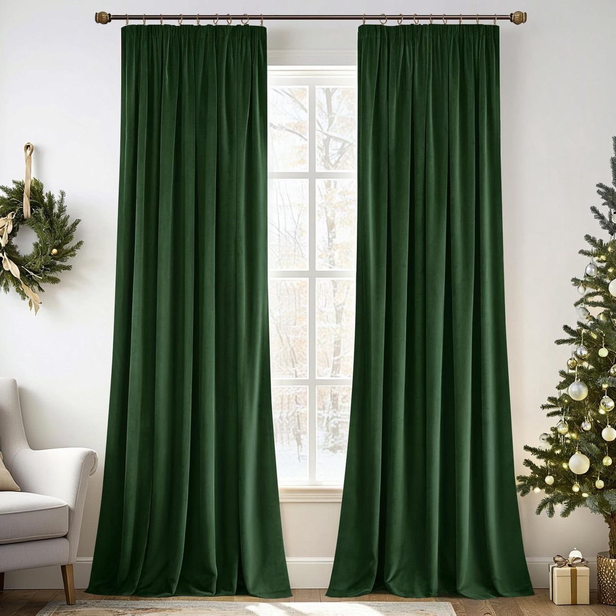 Velours Gordijnen - Luxe gordijnstof - Woonkamer decoratie - Met ruchesband - 2x 140x245 cm - Donkergroen