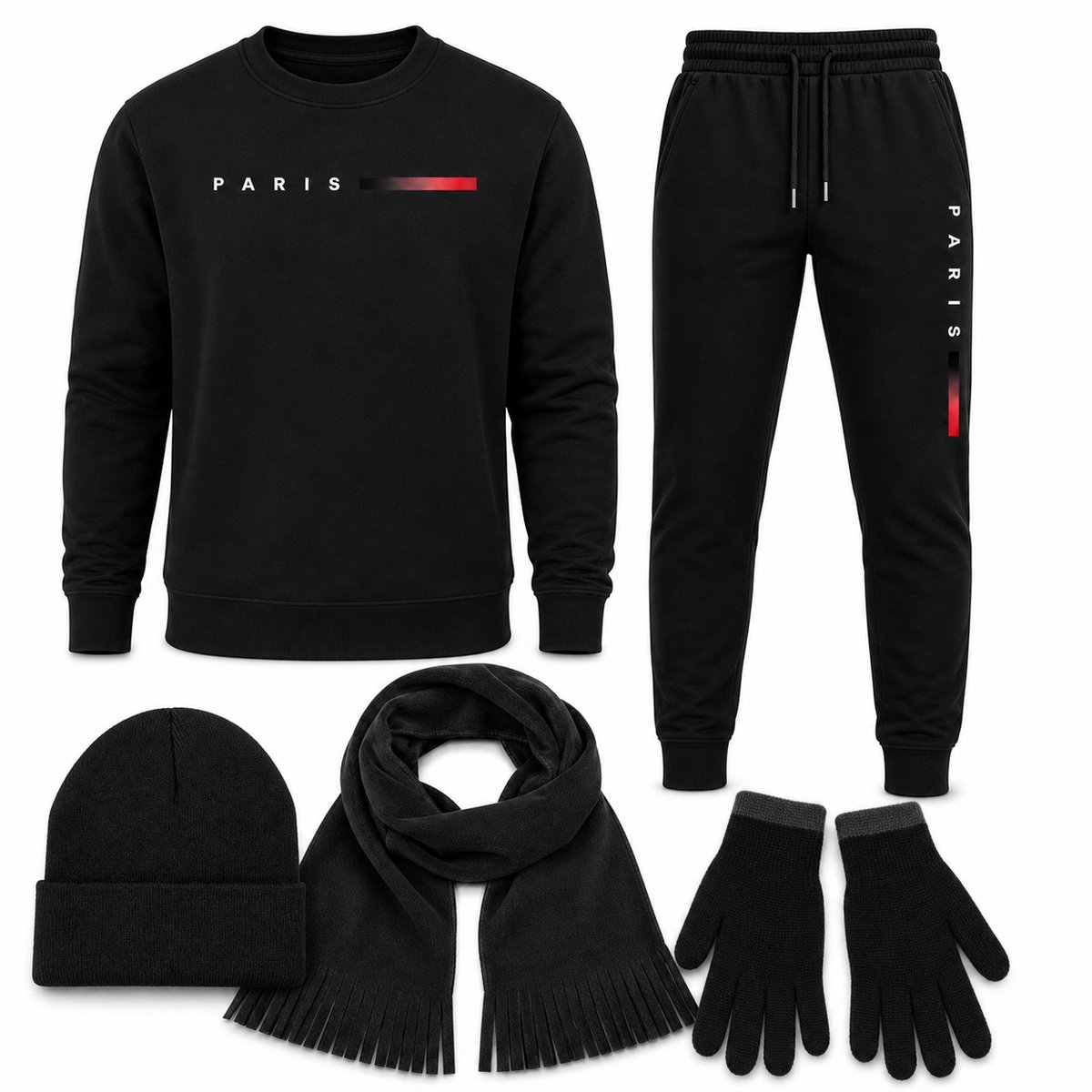 Trainingspak Heren – Joggingpak met Sweater en Joggingbroek – 5-Delige Winterset met Muts, Sjaal en Touchscreen Handschoenen - Zwart - 5XL