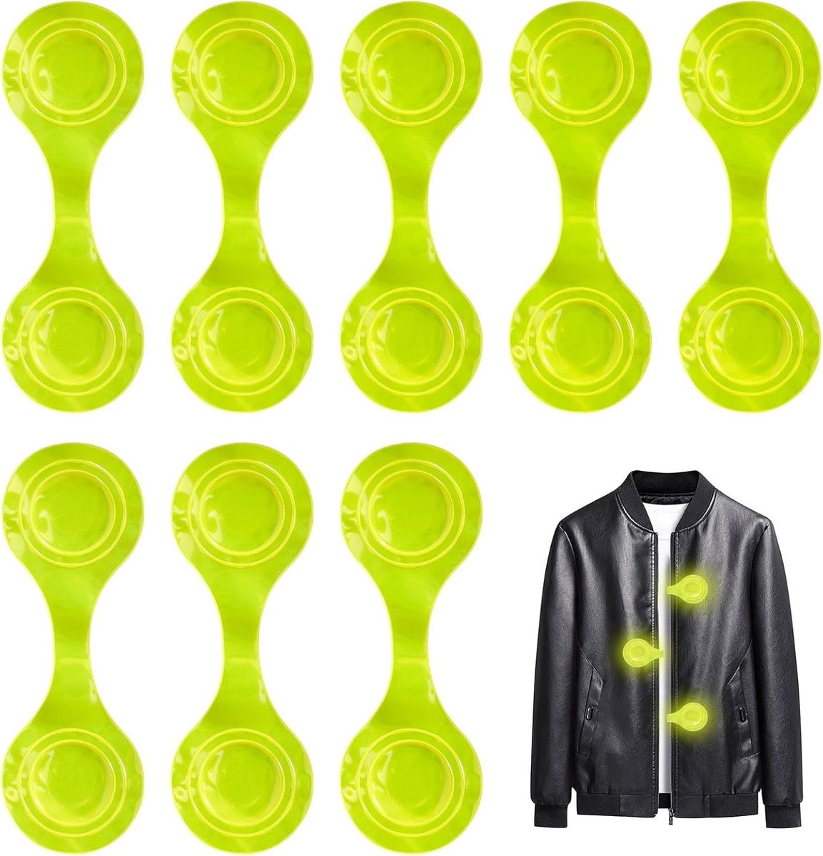 Reflecterende Magnetische Elementen voor Kinderen - Set van 8 Clips en Hangertjes voor Schooltassen, Kleding en Kinderwagens (Neon Geel)