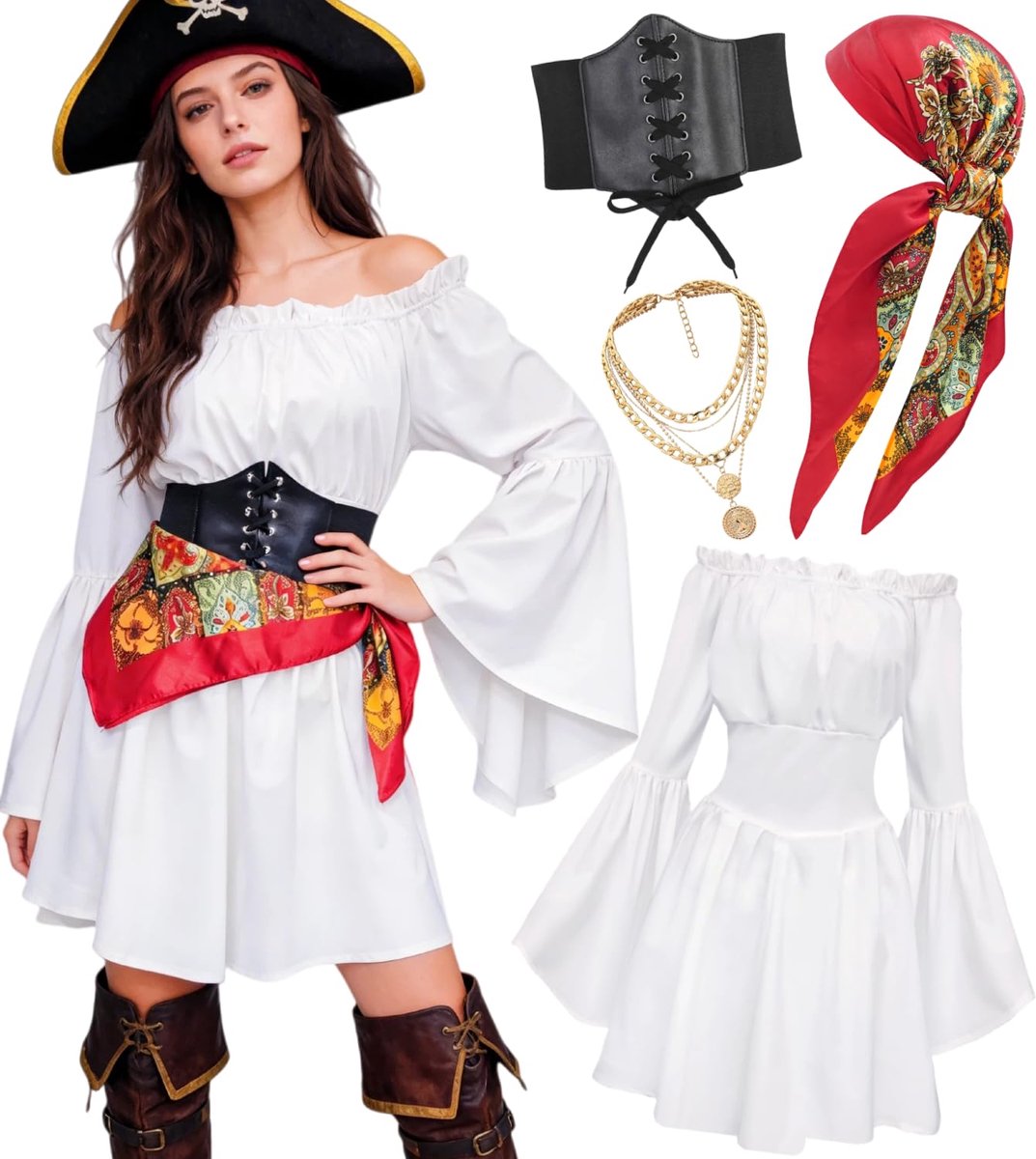 SnelShoppen - Dames Piratenkostuum Set - Middeleeuwse Sexy Piratenjurk Off-Shoulder met Korset en Hoofddoek - Volledige Carnavalsoutfit Witte Set Maat