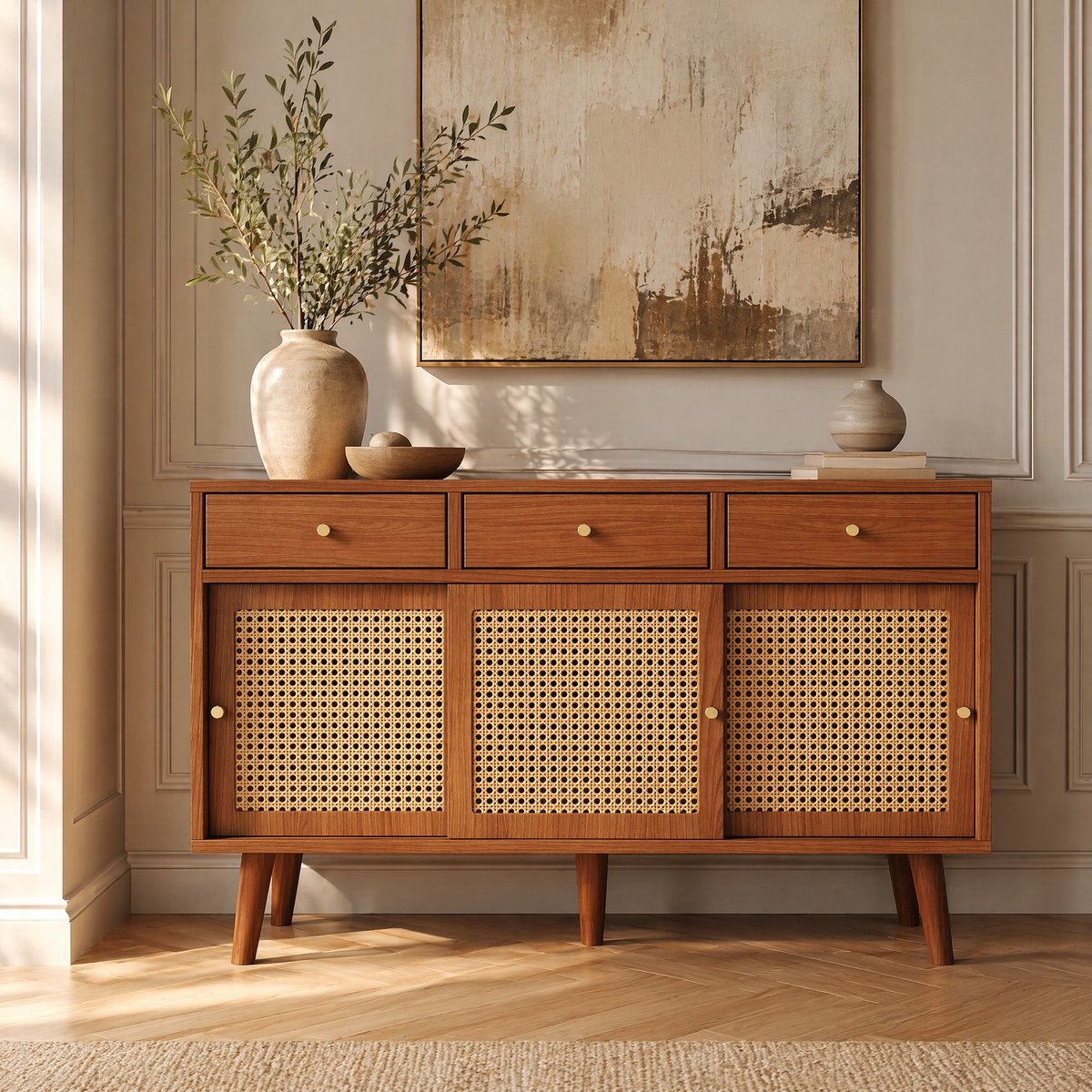 MODFU - Dressoir - 3 Lades - 3 Schuifdeuren - Rietlook - Walnut - 120 X 40 X 78 Cm