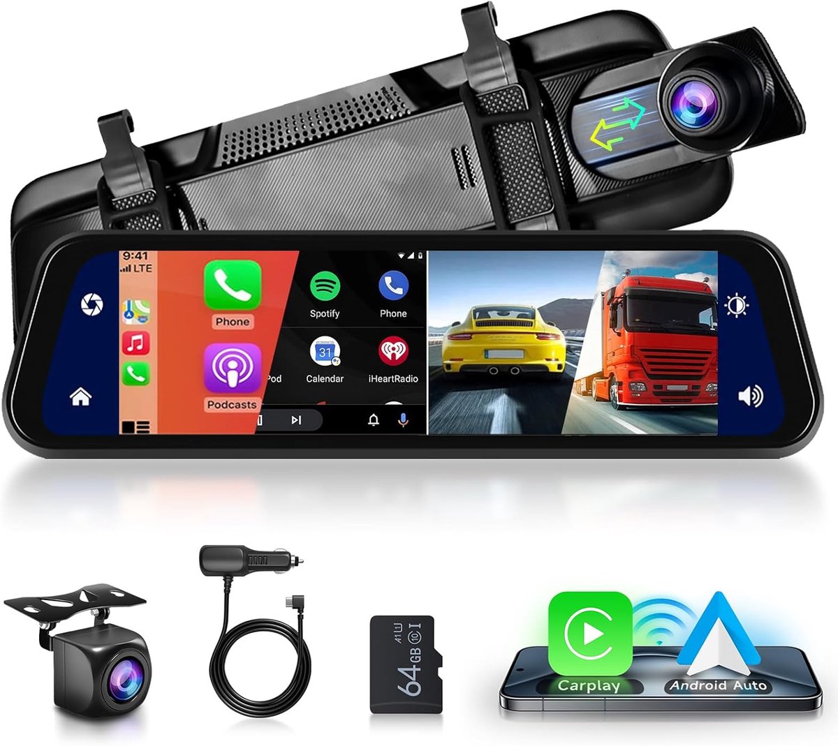 SnelShoppen - Hodozzy Spiegel Dashcam Carplay Draadloze Android Auto Bluetooth 24,5 cm IPS Touchscreen Voorcamera Achteruitrijcamera Waterdicht Nachtz