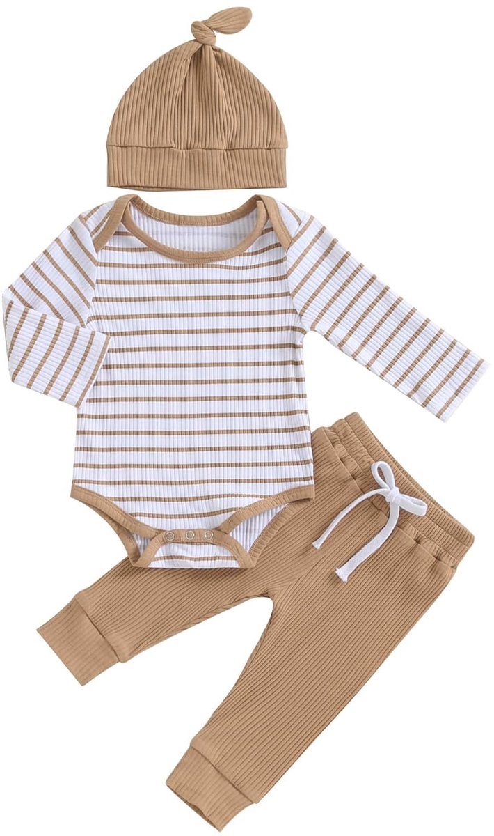 SnelShoppen - Gestreept Baby Jongens Kleding Set - Romper Lange Mouwen, Broek & Muts - Zachte Katoenen Kledingset voor Pasgeborenen & Peuters 0-18 Maa