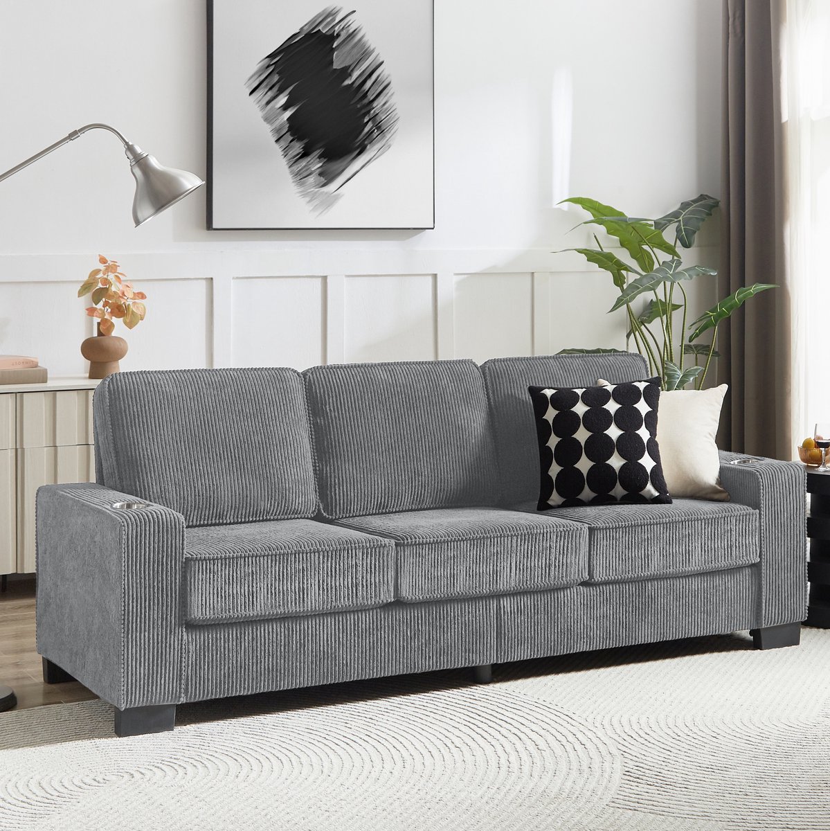 STILVORA Zitbank 206 Cm - 3-Zits Bank Met Bekerhouders In Armleuningen - Voor Woonkamer Slaapkamer En Kantoor - Cordstof - Grijs