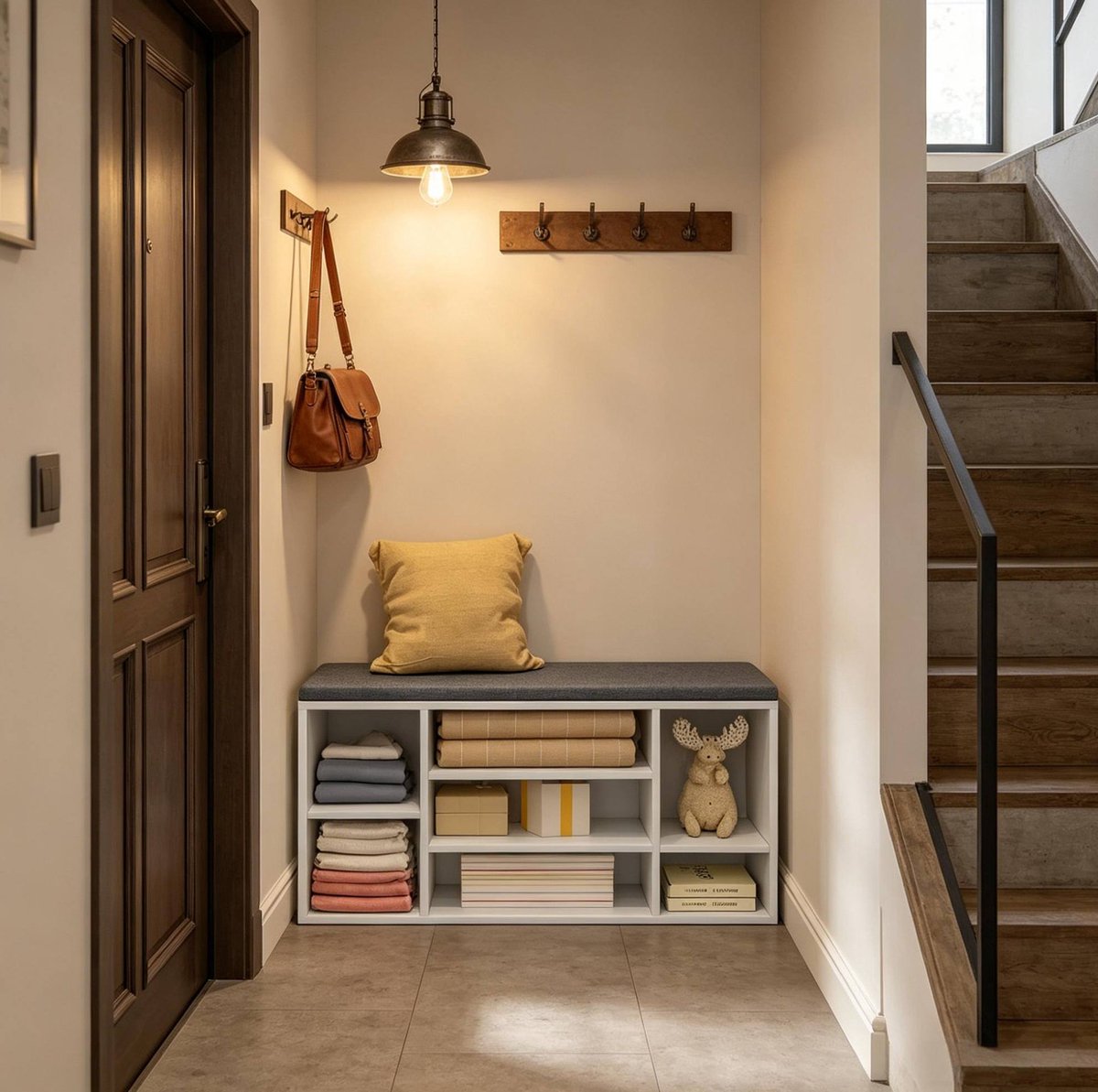 COVREO Schoenenkast 103,5 x 30 x 48 cm - wit en grijs, met zitkussen en 7 open vakken