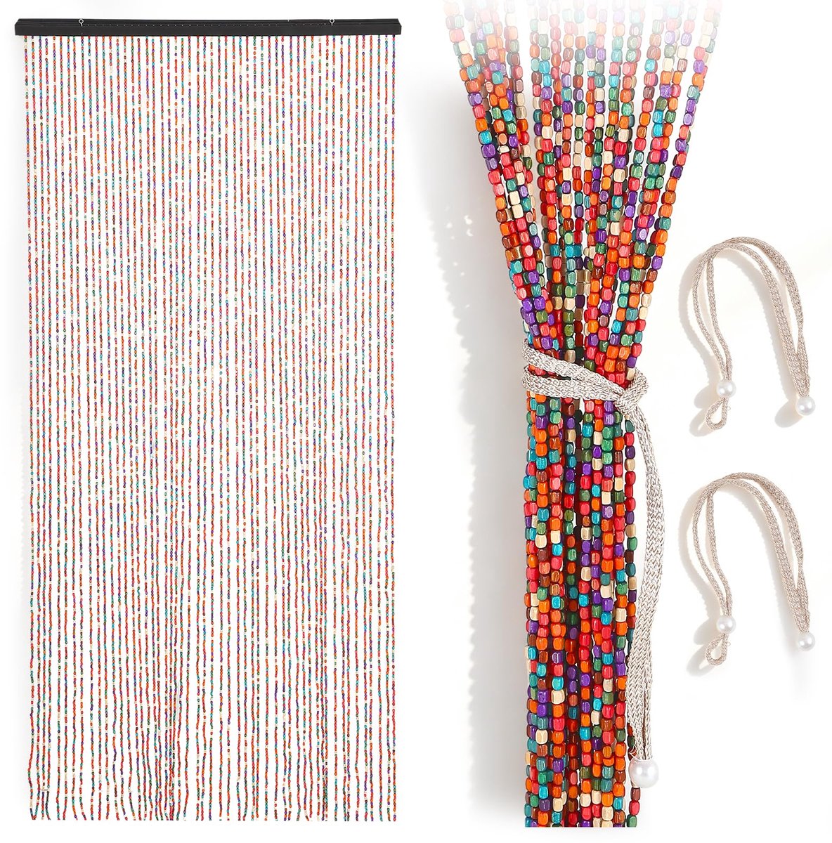 SnelShoppen - Kralengordijn 90x200cm - Bamboe Kralendeurgordijn 52 Strengen voor Insectenwering - Bohemian Stijl met 2 Ophangbanden voor Deuren en Ram