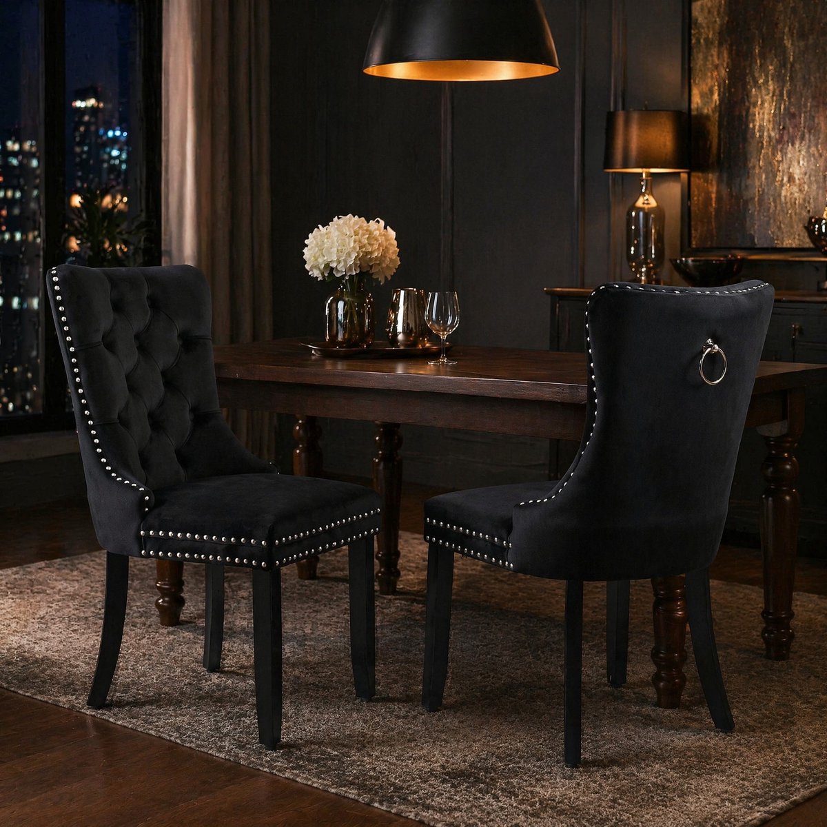 MEUNIQ zwarte velvet eetkamerstoel set van 2 met hoge rugleuning, knoopsteek, houten poten en vierpoot voor eetkamer of woonkamer