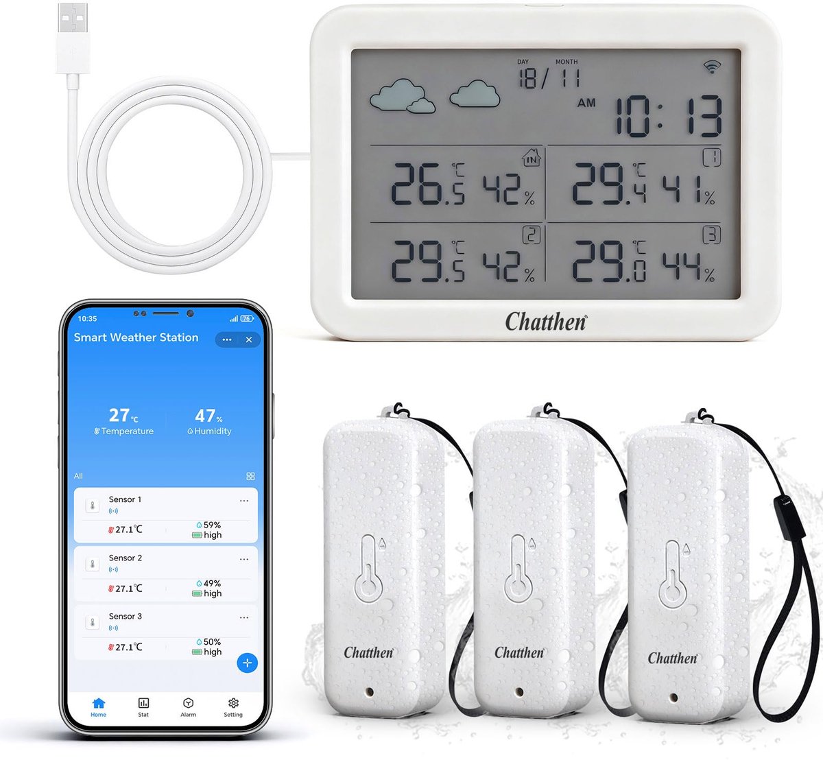 SnelShoppen - Chatthen Weerstation met Buitensensor, Wifi Weerstation met 1 Scherm en 3 Buitensensoren, Kamerthermometer voor Binnen en Buiten, Datum