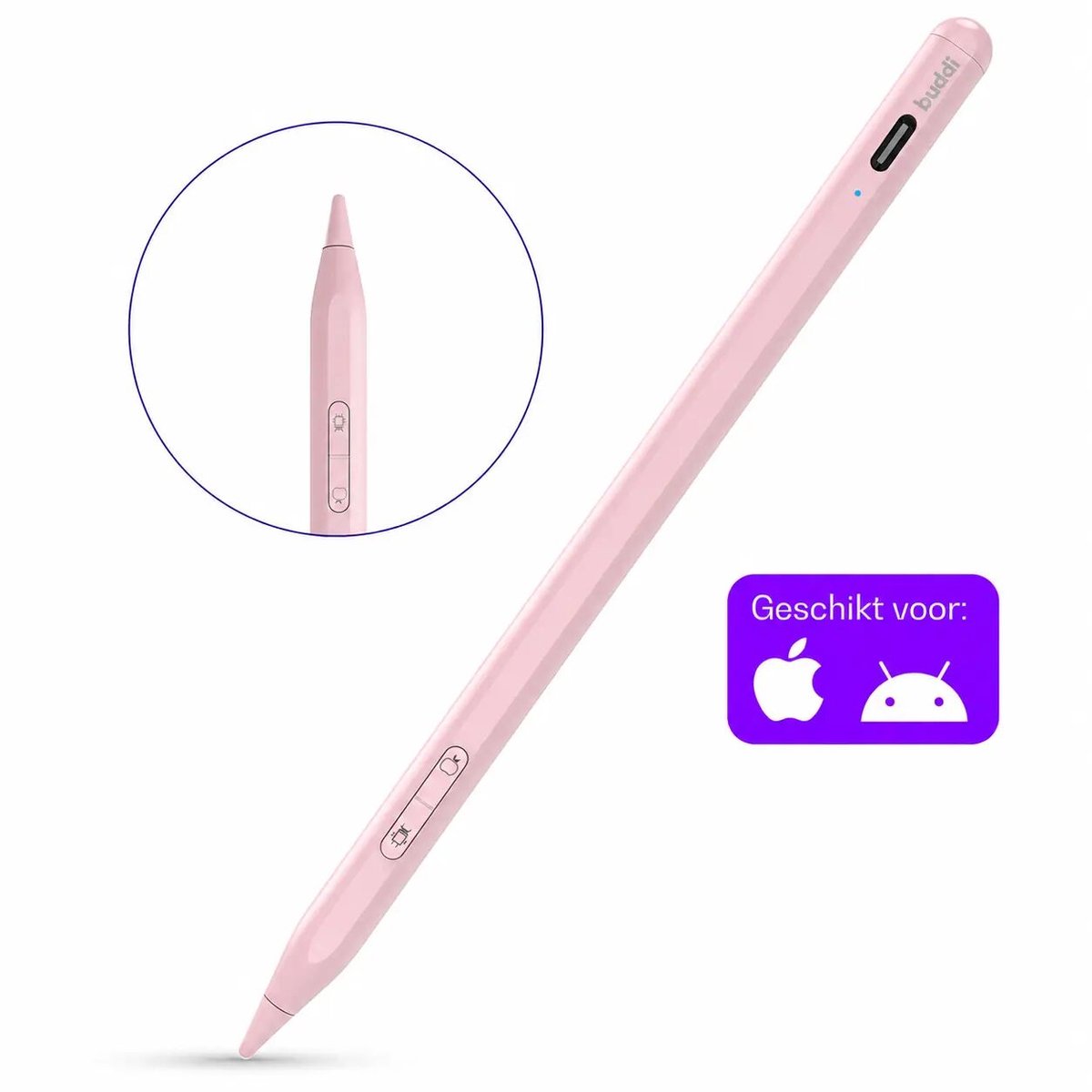 Buddi Flow 2 Universele Stylus Pen voor Android en iPad - Geschikt Voor Alle Apparaten - Geschikt voor o.a. Samsung en iPad - Magnetisch - Extra Tip - Voor Tablet, Telefoon en iPad - Roze