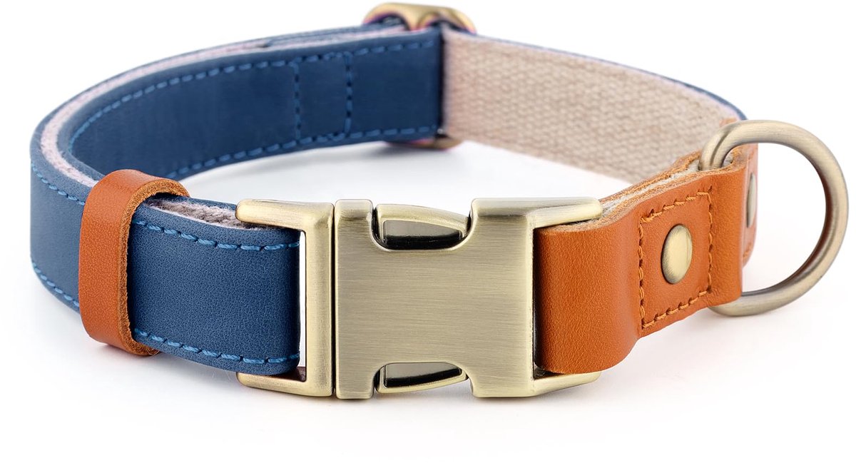 SnelShoppen - Verstelbare hondenhalsband van echt leer en hennep - stevige snelsluiting, metalen gesp, stijlvol en zacht - koningsblauw - voor puppy's