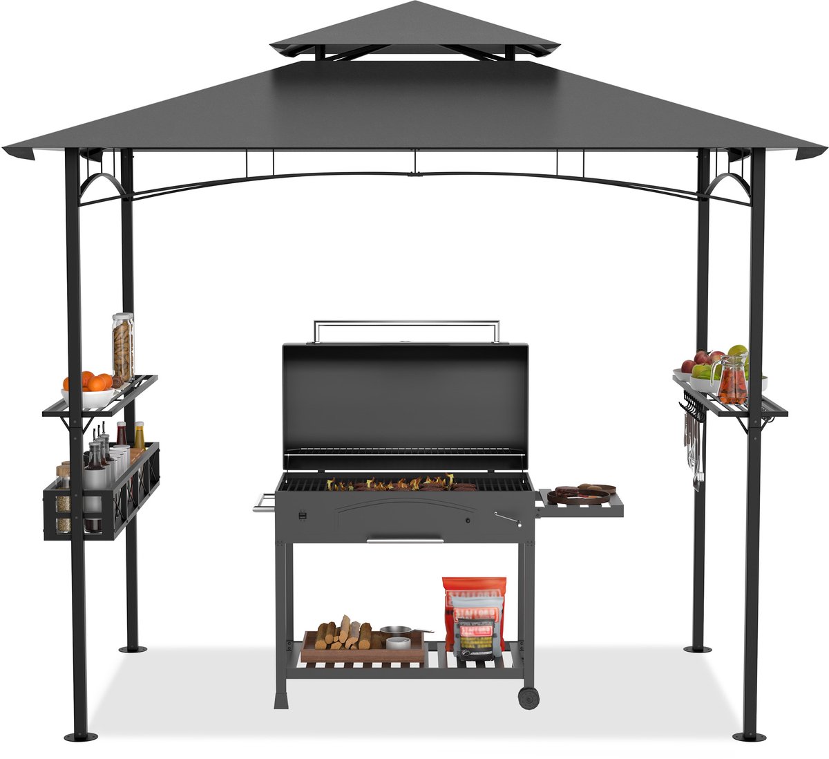 BBQ Paviljoen 245x141x253 cm - Barbecue Overkapping met Dubbel Dak - BBQ Tent met Zijluifel - Tuinpaviljoen voor Tuin & Terras - Grijs