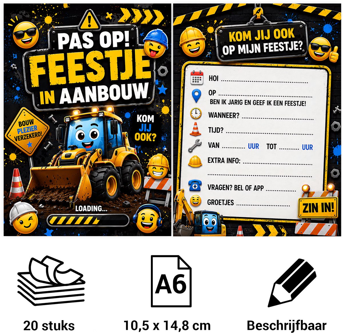 Uitnodiging kinderfeestje Bouwen - voordeelset 20 stuks - Beschrijfbaar - Uitnodigingskaarten - Uitnodiging verjaardag - Uitnodiging verjaardagsfeest - Uitnodiging kinderfeestje jongen of meisje - Uitnodiging feestje – Uitnodiginge