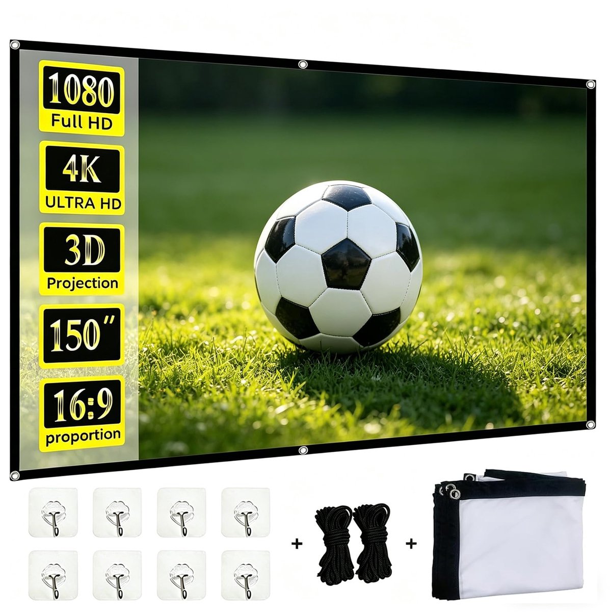SnelShoppen - Projectorscherm 100 inch - Projectiescherm voor Camping, Thuisbioscoop, Conferenties - 2,21m Breed x 1,25m Hoog - Verstevigd, Draagbaar,