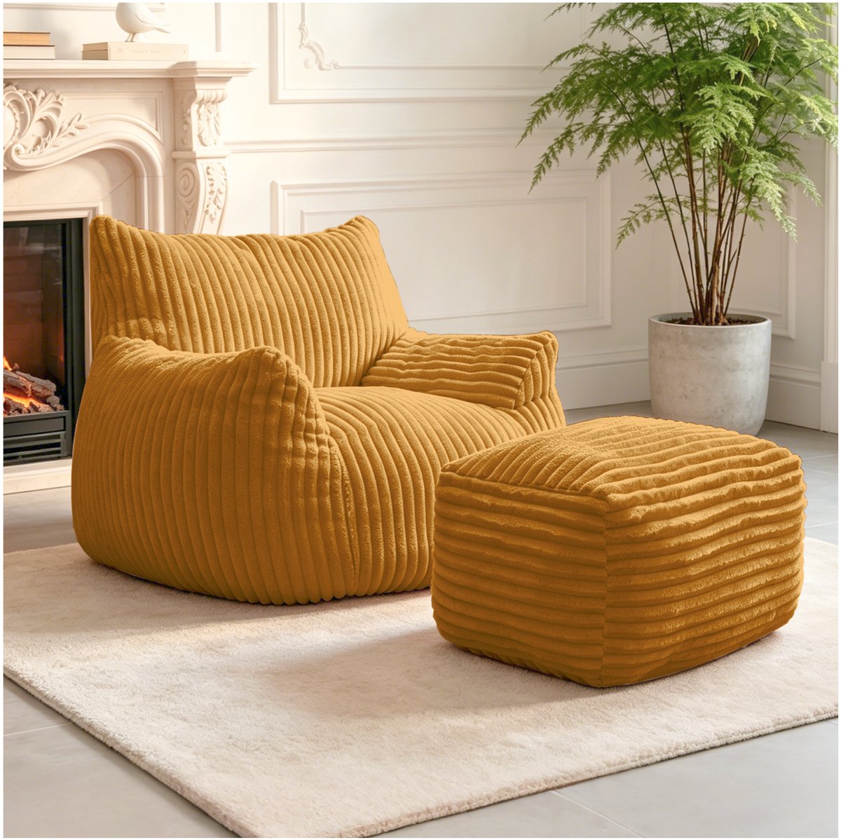 Welltin Zitzakstoel - Bean Bag - Ligstoel met gebogen profiel en bijpassende voetenbank - ergonomische zitervaring - Geel
