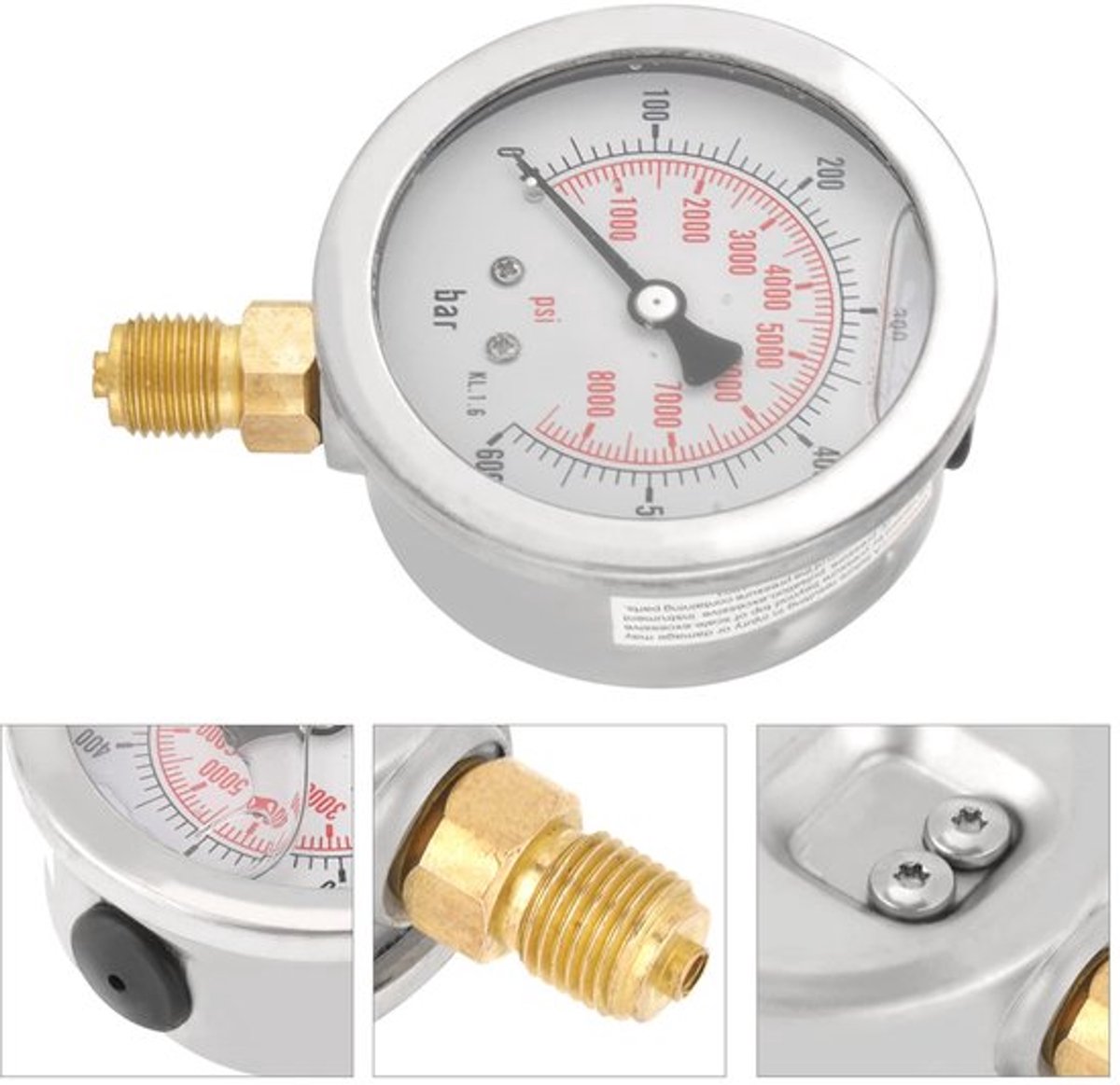Drukmeter 0~600 bar - 63 mm - Dubbele schaal - Schokbestendig - Roestvrij staal - Verstelbare aansluiting G1/4