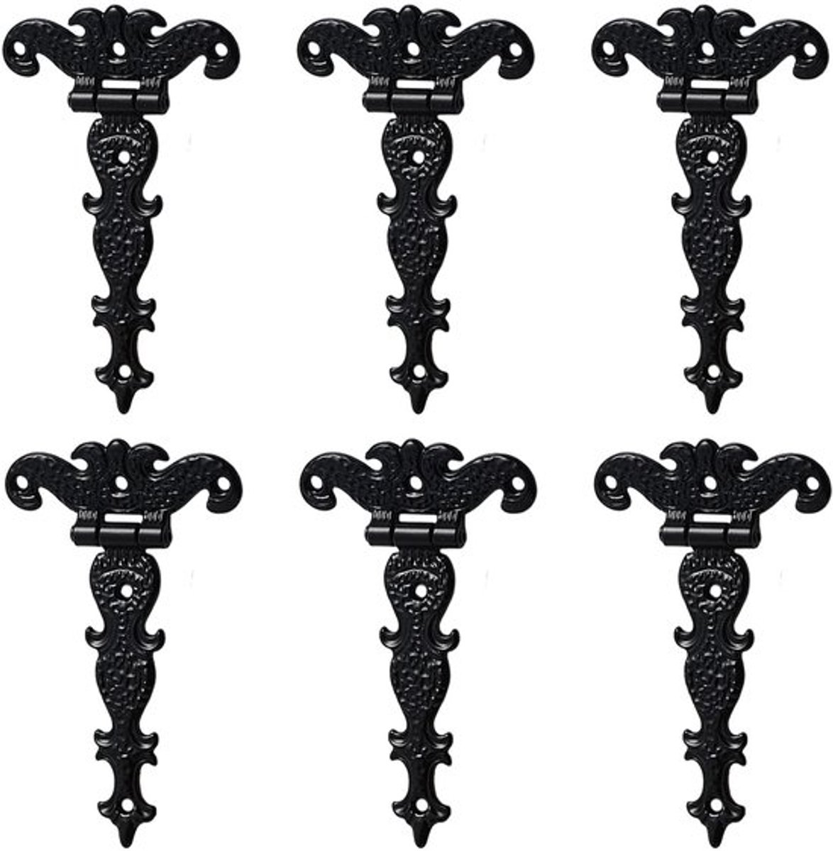 T-scharnieren 6 stuks - Antieke Zwarte Scharnieren - Zinklegering - Robuust en Duurzaam - Voor Houten Kisten - Totale Grootte 112 × 69 mm - Scharnier