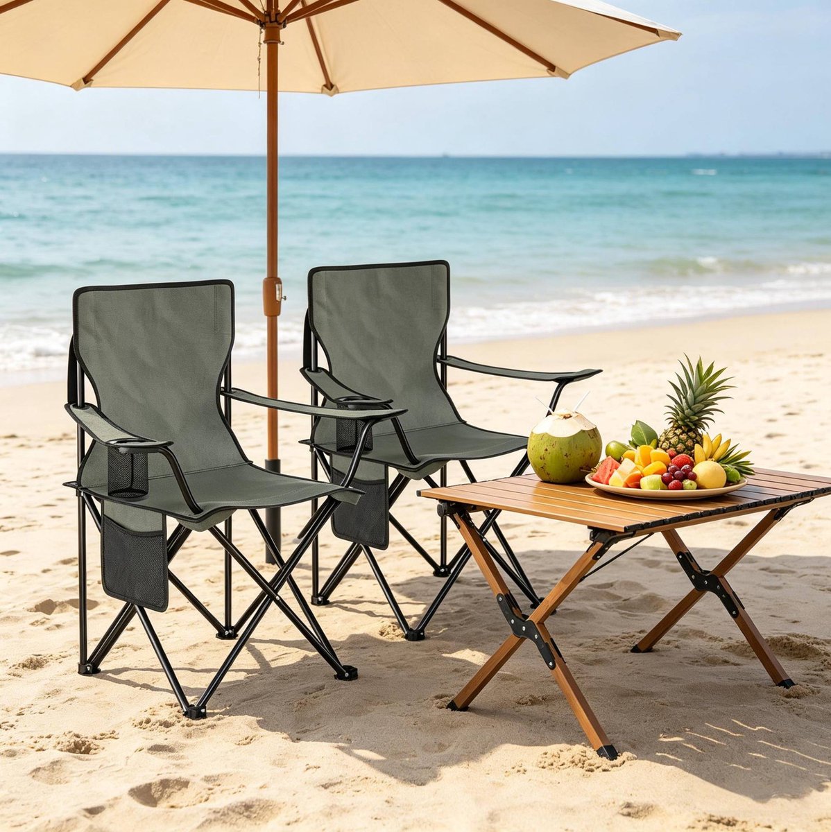 MODENUIT Strandstoel 47 x 76 x 80,5 cm - Inklapbaar met Bekerhouder - Voor Strand en Camping - Metaal Donkergrijs