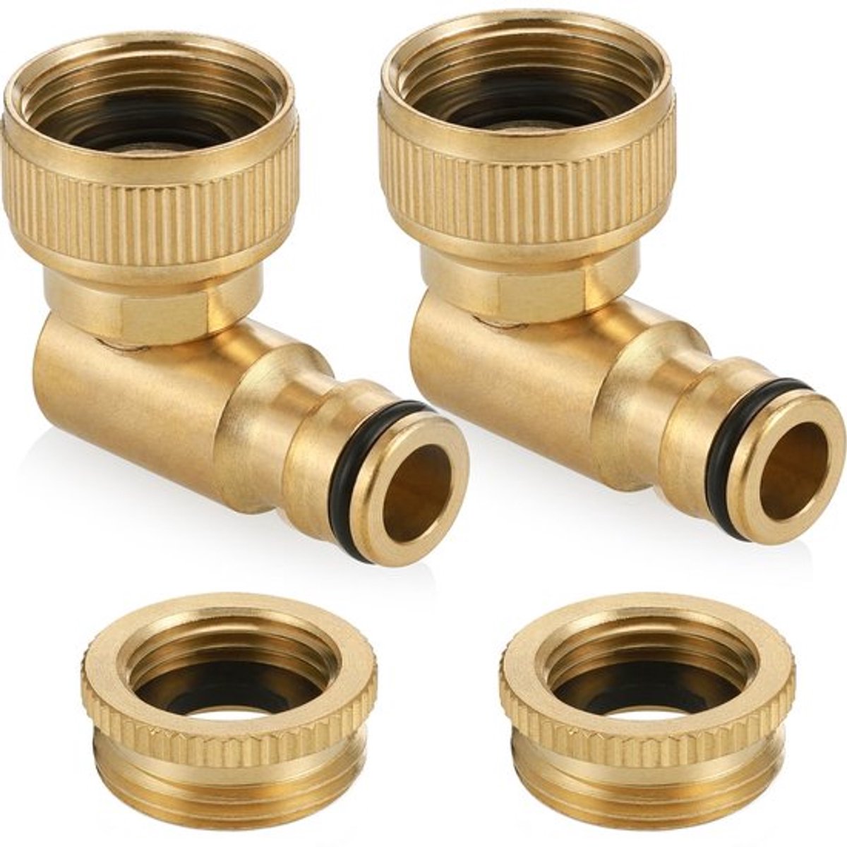 Haakse Kraanverbinding 2-in-1 - Messing - Buitenkraanconnector 1/2" & 3/4" - 90° Elleboog - Slangconnector - Tuinslangadapter
