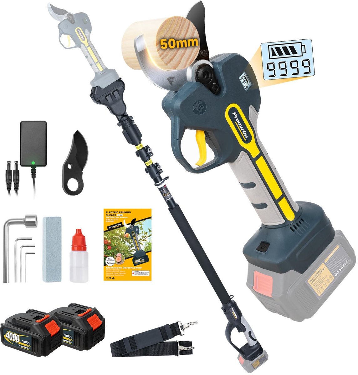SnelShoppen - Elektrische Snoeischaar 50MM met Telescopische Paal 2,5 m - Snoeigereedschap voor Tuin, Groenonderhoud, Enkele Handgreep, Lichtgewicht,