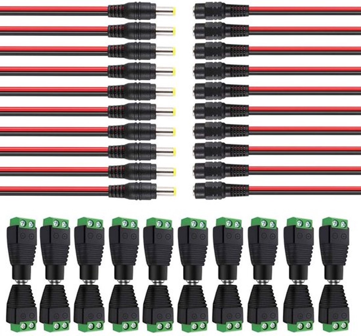 - DC-stekkers - Man/Vrouw - Voor LED-strips - Groen/Zwart/Zilver - Voedings-pigtail kabels - 20 paar inbegrepen - 12V/24V geschikt