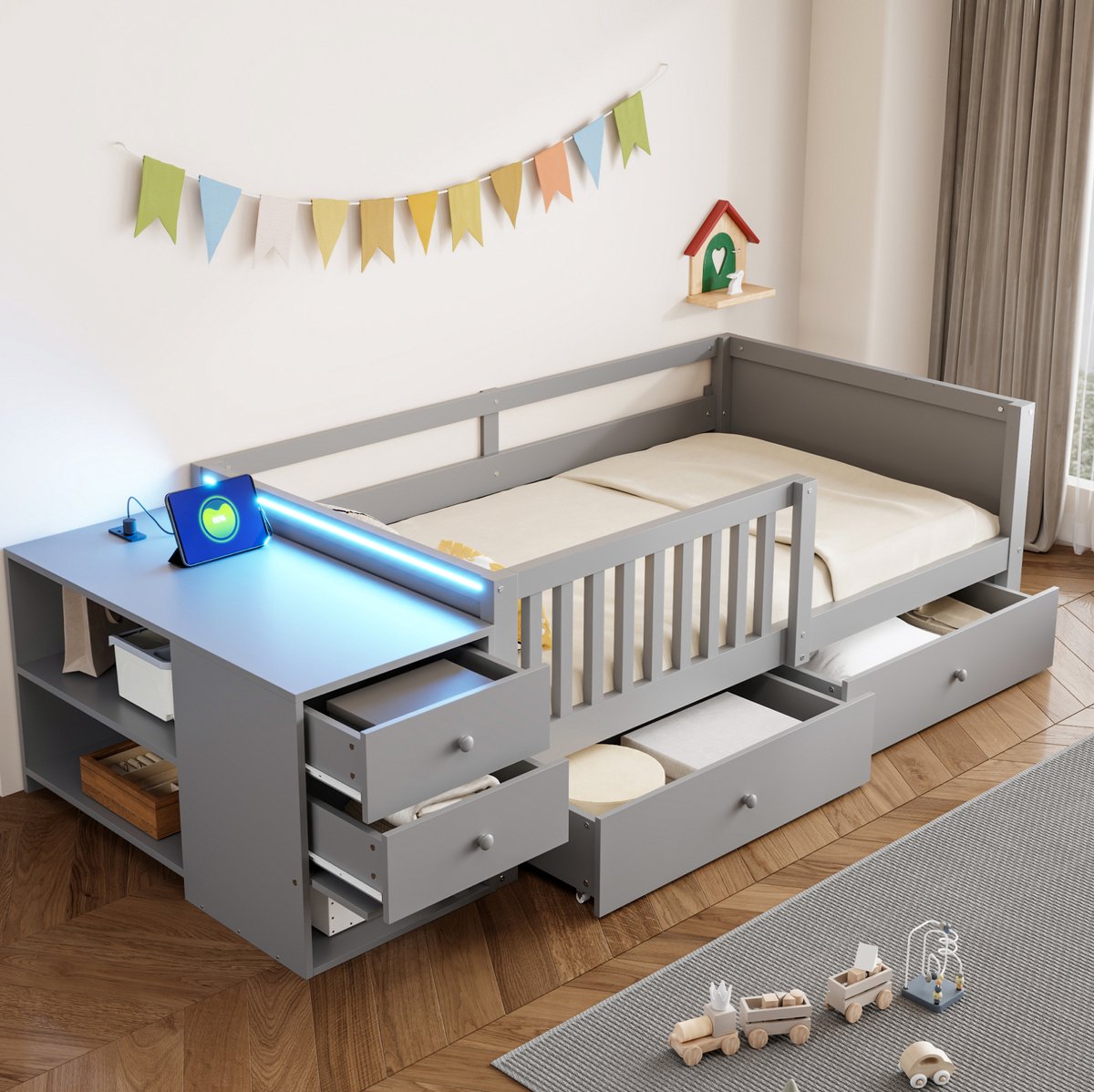 Kinder Hoogslaper 90 x 200 cm - Met Bureau, Stopcontact En Led - Met Lades En Opbergkast - Halfopen Veiligheidshek - Grijs - Zonder Matras
