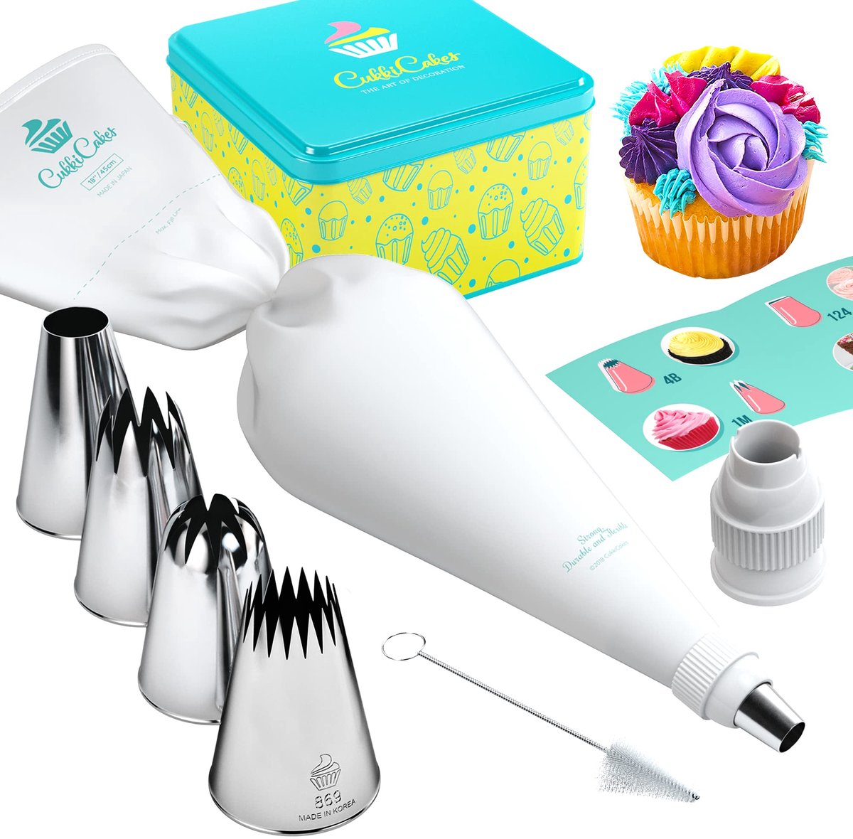 SnelShoppen - Professionele Spuitzakset 7 Delig voor Taartdecoratie - Herbruikbare Spuitzak 45 cm met 4 Grote Spuitmonden en Adapter - Perfect voor Fe