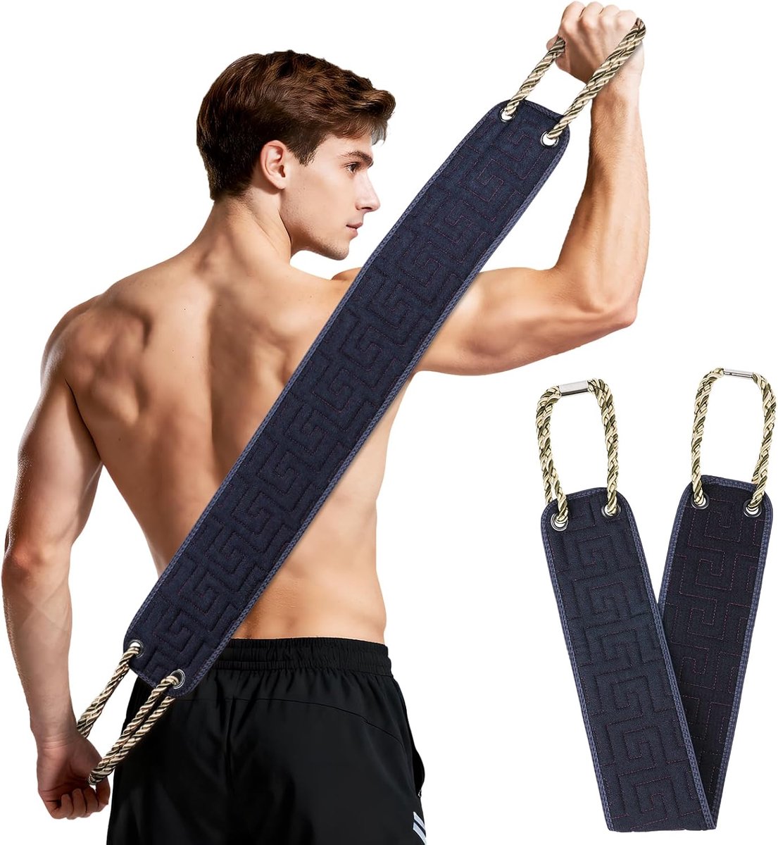 SnelShoppen - Beugo Douche Rug Peeling, Dubbelzijdige Exfoliatie, Wasdoek met Handvatten, Badriem voor Grondige Reiniging, 70 cm, Navy Blauw