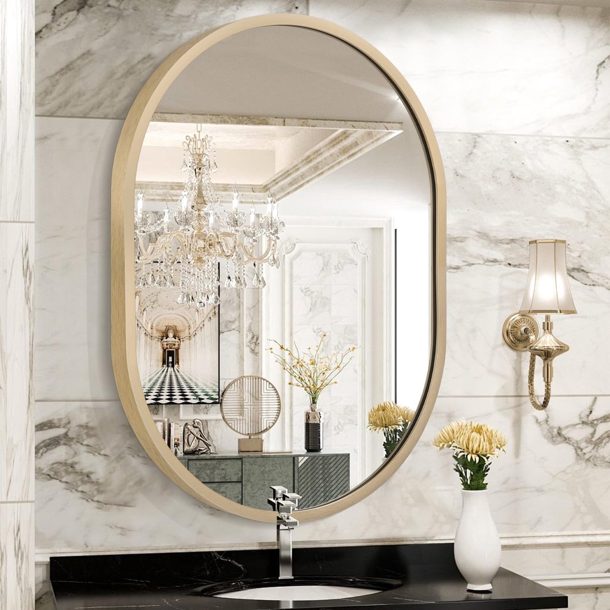 SnelShoppen - Ovale Wandspiegel 40,6 x 50,8 cm met Metalen Frame - Kleine Ronde Make-upspiegel voor Badkamer, Entree, Woonkamer, Slaapkamer - Houten A