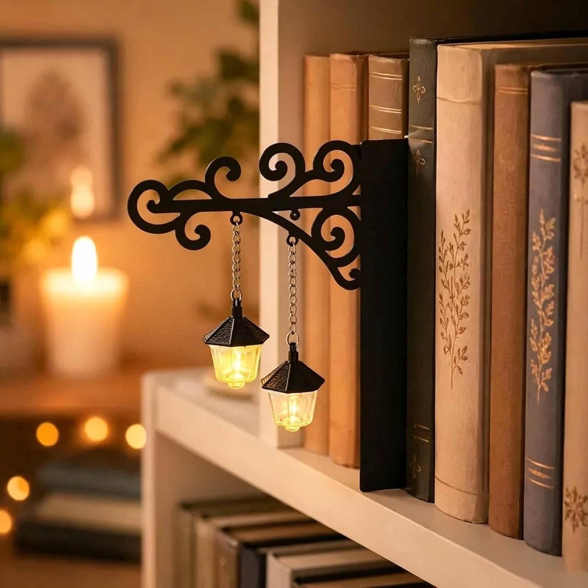 Boekensteun metaal - Boekensteun met 2x Lamp - Bibliotheeklantaarn - Miniatuur Boekenplank