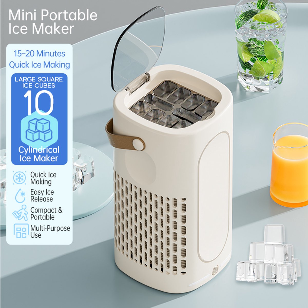 Draagbare mini-ijsmachine voor op tafel - Mini-ijsmaker - Snel ijs maken - Compact en klein - Met leren handvat - IJsblokjesmachine - Geschikt voor thuis, kantoor, kamperen, camper, feestjes en drankjes - Crème wit