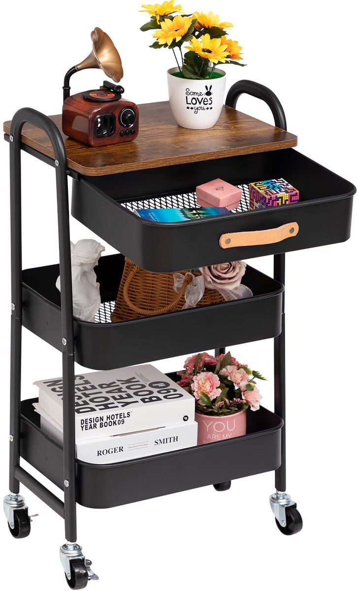 SnelShoppen - Opbergwagen Rolwagen met Lade 3-Etages Metaal Utility Cart, Organizer Trolleywagen met Leren Handvatten voor Keuken, Make-up, Badkamer,