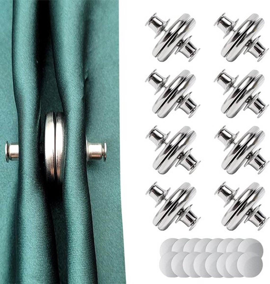 Gordijnhouders Magnetisch - 8 Paar - Afneembaar Ontwerp - Muurbevestiging - Decoratie - Zilver - Eenvoudig te Installeren - Gordijnknopen