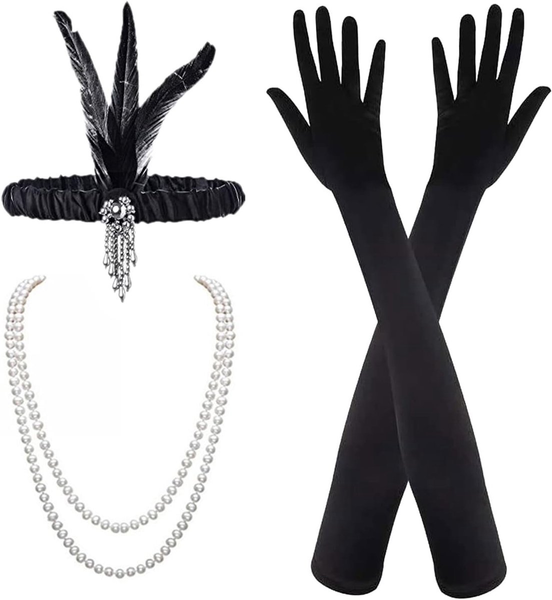 3-delige Vintage Flapper Hoofdband Accessoires Set met Veer, Lange Zwarte Handschoenen en Parelsnoer voor een Geweldig Gatsby Kostuum, Retro Haaraccessoires voor Feestjes